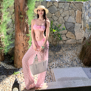绝美氛围感度假风比基尼三件套纯欲粉色超仙显白高级感长裤泳衣女