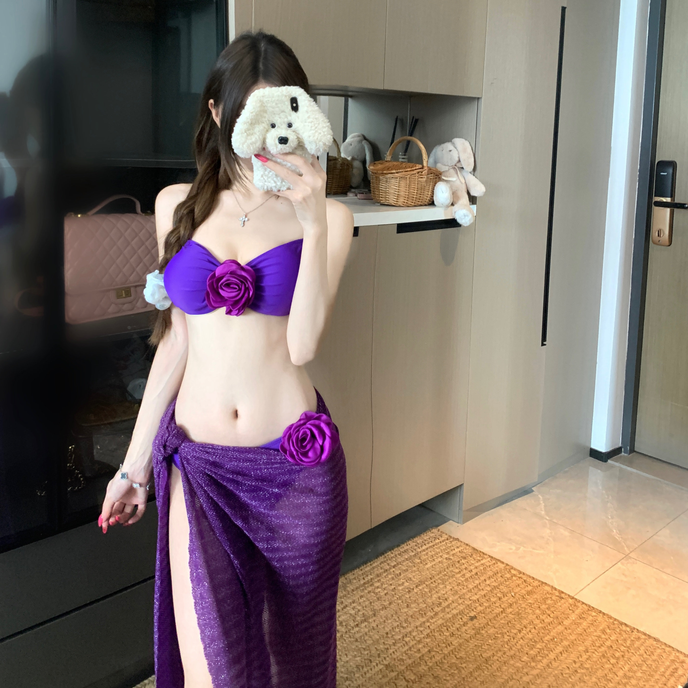 绝美紫色超显白2025新款比基尼长裙三件套性感纯欲分体泳衣女度假