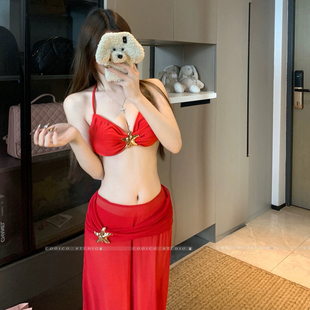 绝美大红色高级感比基尼三件套性感纯欲风镂空长裙度假分体泳衣女