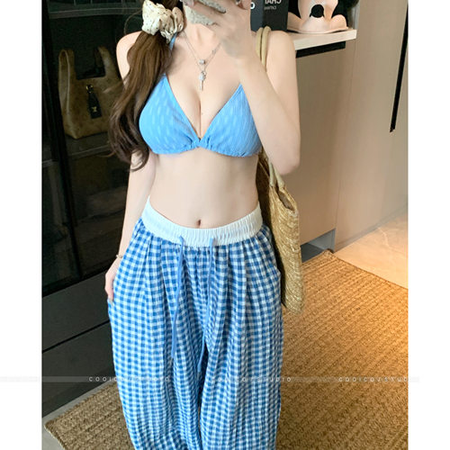 多巴胺长裤格子复古比基尼