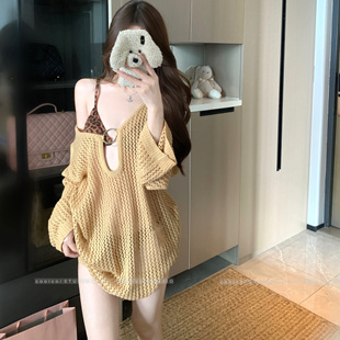 纯欲针织度假比基尼罩衣性感镂空比基尼小胸豹纹分体泳衣女泡温泉