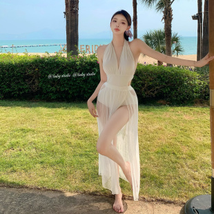 泳衣女连体海边长裙度假泡温泉性法式 仙女范纯欲辣妹白色简约遮肉
