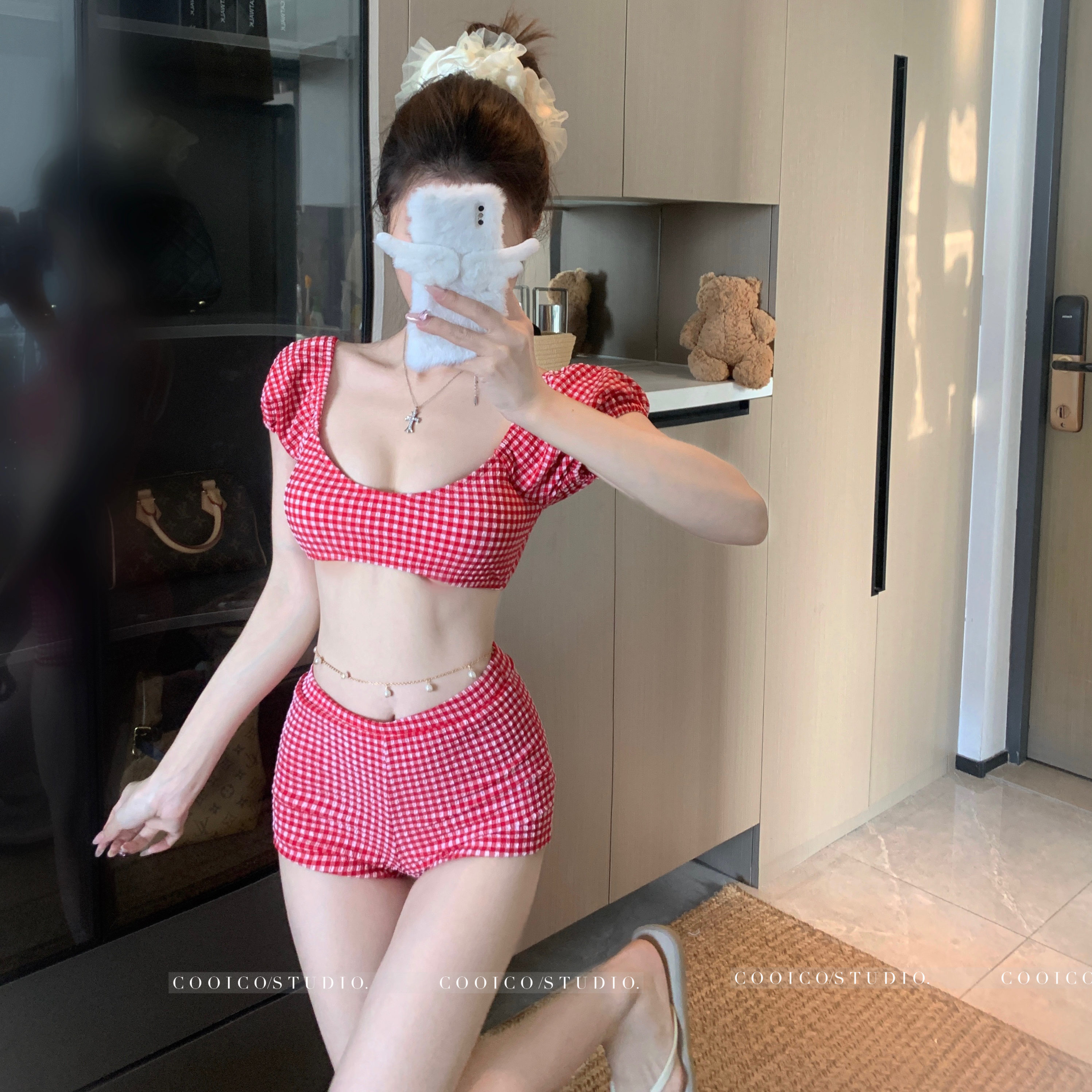 网红同款小胸聚拢红色格纹比基尼