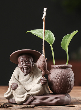 陶瓷老翁垂钓插花瓶水栽养植物办公桌面复古禅意绿萝迷你水培容器