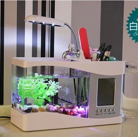 创意金鱼缸 小型迷你办公桌水族箱 带水泵笔筒LED台灯七彩灯礼物