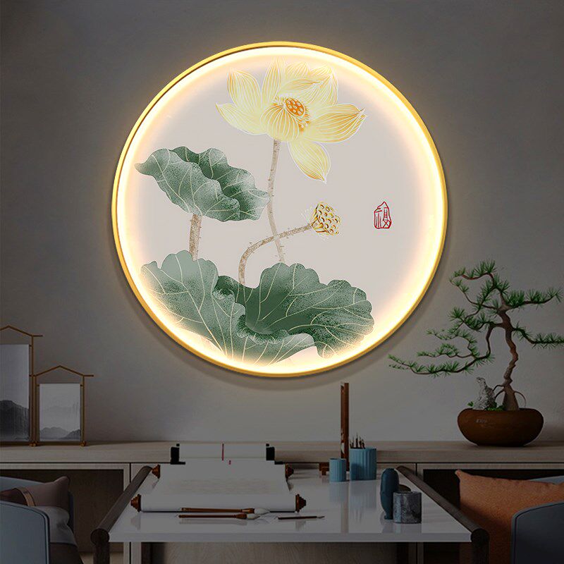 荷花圆形玄关装饰画带灯发光新中式客厅茶室走廊莲花led壁灯挂画