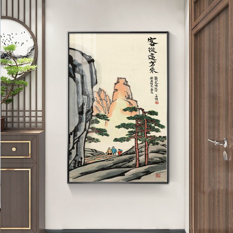 国画丰子恺挂画新中式入户玄关装饰画免打孔门厅走廊尽头竖版壁画