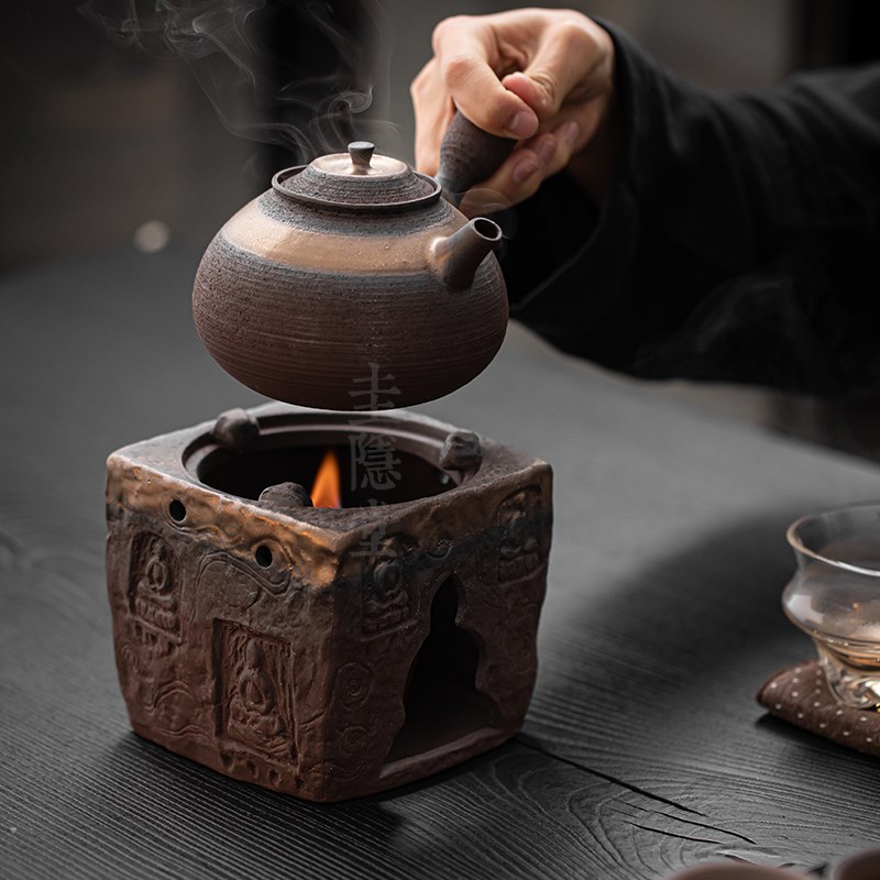 圭隐堂手工粗陶鎏金围炉煮茶壶侧把壶家用复古煮茶炉酒精炉温茶炉