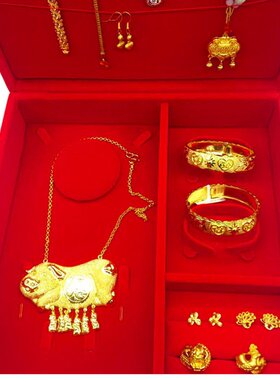 结婚红色礼金盒木质黄金首饰聘礼展示盒婚礼嫁妆三金证件收纳盒子