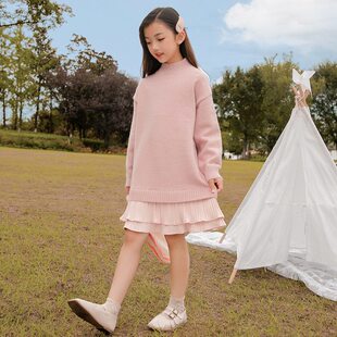 秋装针织新款洋气套头女童毛衣儿童打底裙子2023连衣裙秋中长款冬