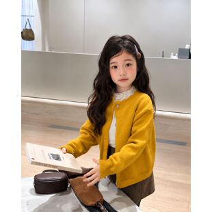 韩系中小童南瓜黄色宽松毛衣开衫女宝简约单排扣外搭针织外套