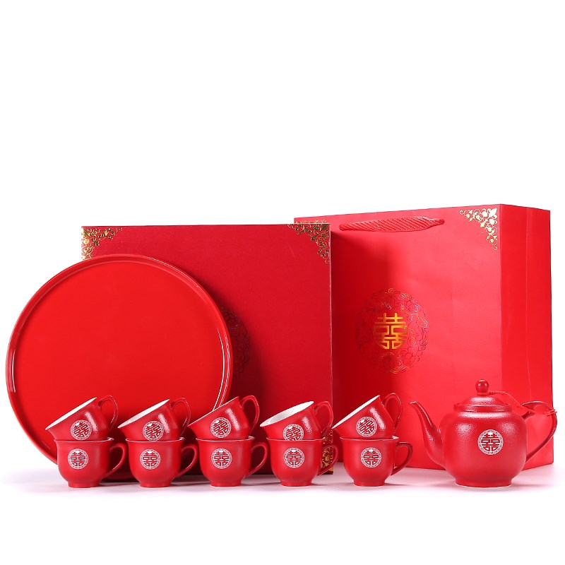 陪嫁茶具套组陶瓷红色结婚敬茶杯茶壶婚庆送礼高档红茶具礼盒装