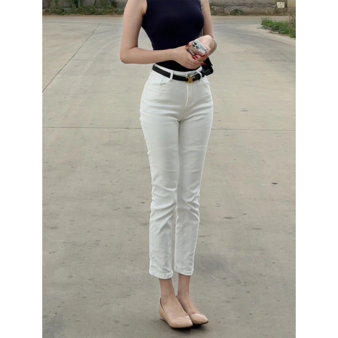 白色高腰直筒牛仔裤女夏季薄款2026新款修身百搭显瘦八九分烟管裤
