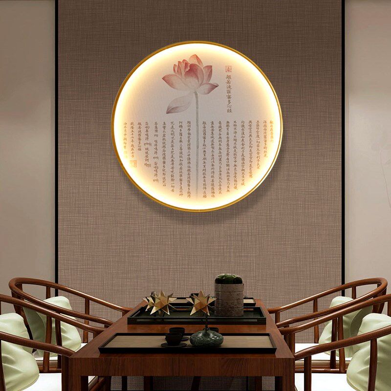 新中式发光玄关装饰画心经带灯禅意挂画圆形入户茶室餐厅挂画网红