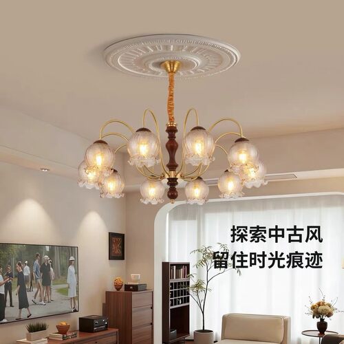 法式中古风全铜客厅吊灯实木