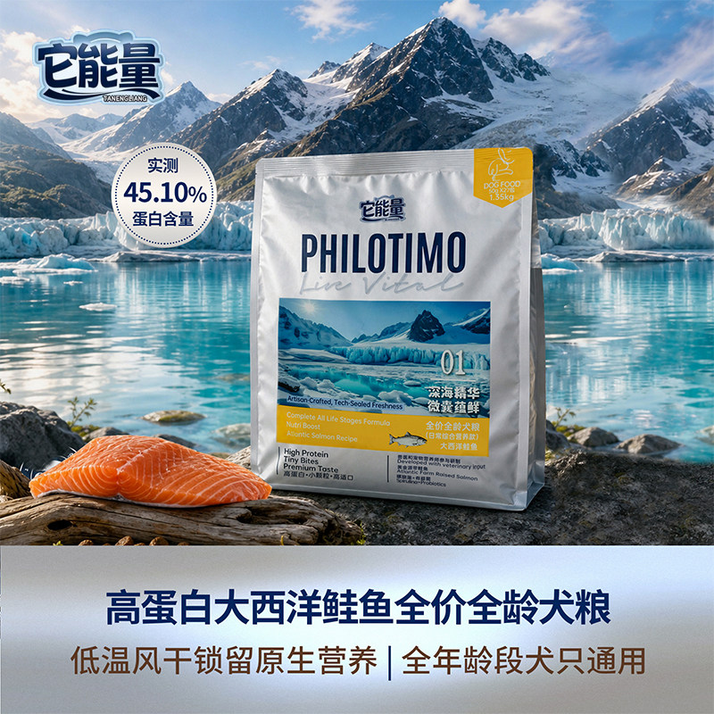 PHILOTIMO它能量低温风干大西洋鲑鱼高蛋白鲜蒸狗粮成犬幼犬通用