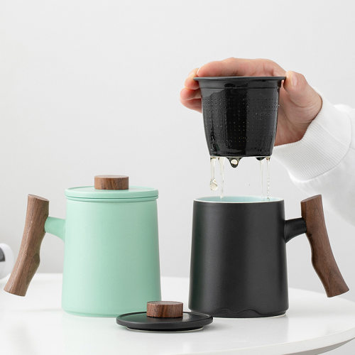 茶杯茶水分离杯陶瓷办公室家用带盖过滤木柄水杯个人专用泡茶杯子