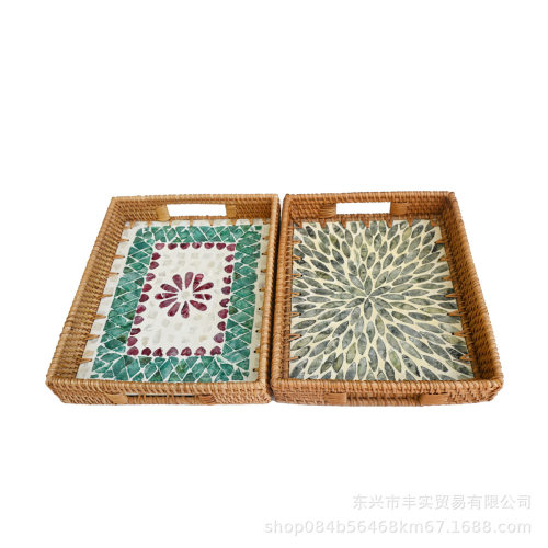越南藤编托盘ins风贝壳创意收纳盘家用客厅茶几方形茶盘水果盘