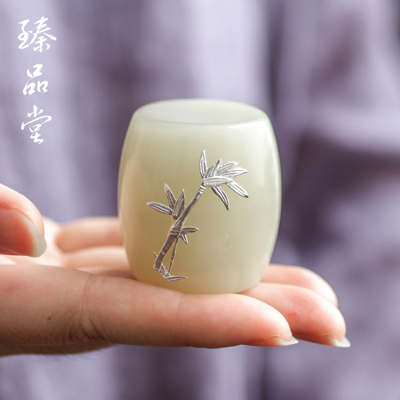 臻品堂  镶银雕花玉石盖置陶瓷茶壶盖子托盖碗盖托茶席功夫小摆件