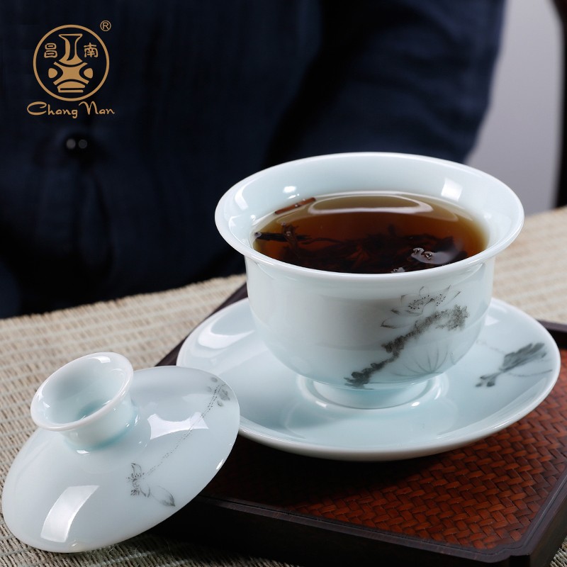 昌南陶瓷盖碗景德镇功夫茶具三才碗玉瓷敬茶碗大号粉彩泡茶壶茶杯