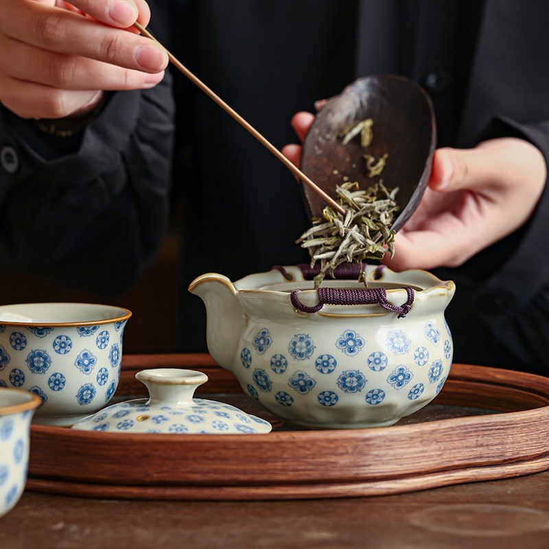 汝窑皮球花手抓壶盖碗茶杯家用高端功夫茶具套装茶盘不烫手茶碗