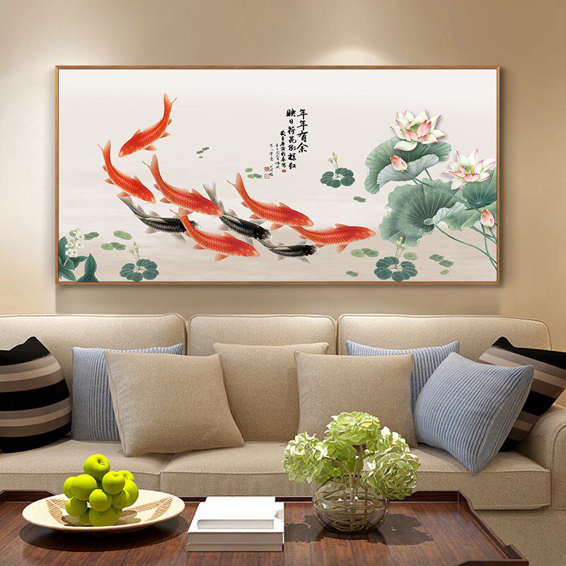 网红九鱼招挂财新中式客厅装饰画大尺寸图晶瓷沙发背景主卧床头荷