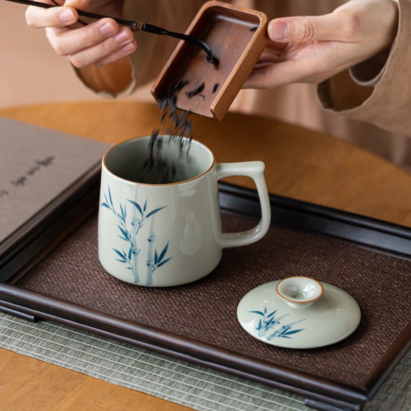 画续釉下彩草木灰手绘竹子泡茶陶瓷办公室茶具杯子马克杯水杯带盖