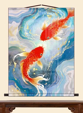 新中式年年有余客厅装饰丝绸挂画玄关红色鲤鱼挂画招财锦鲤