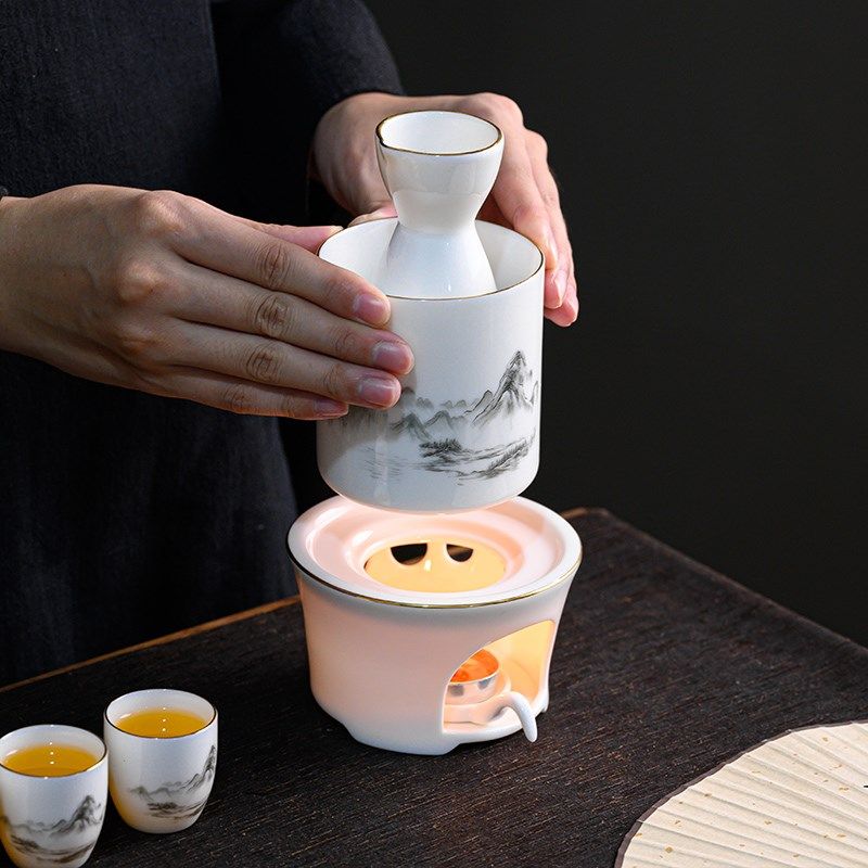 中国风黄酒温酒器家用烛台加热暖酒壶套装老式陶瓷白酒杯送礼盒装