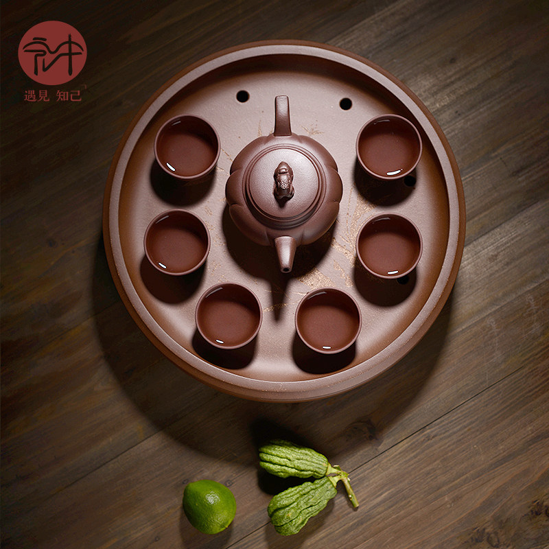 宏中 宜兴紫砂茶盘托盘 纯手工双层储水式圆形茶海小干泡茶台茶具