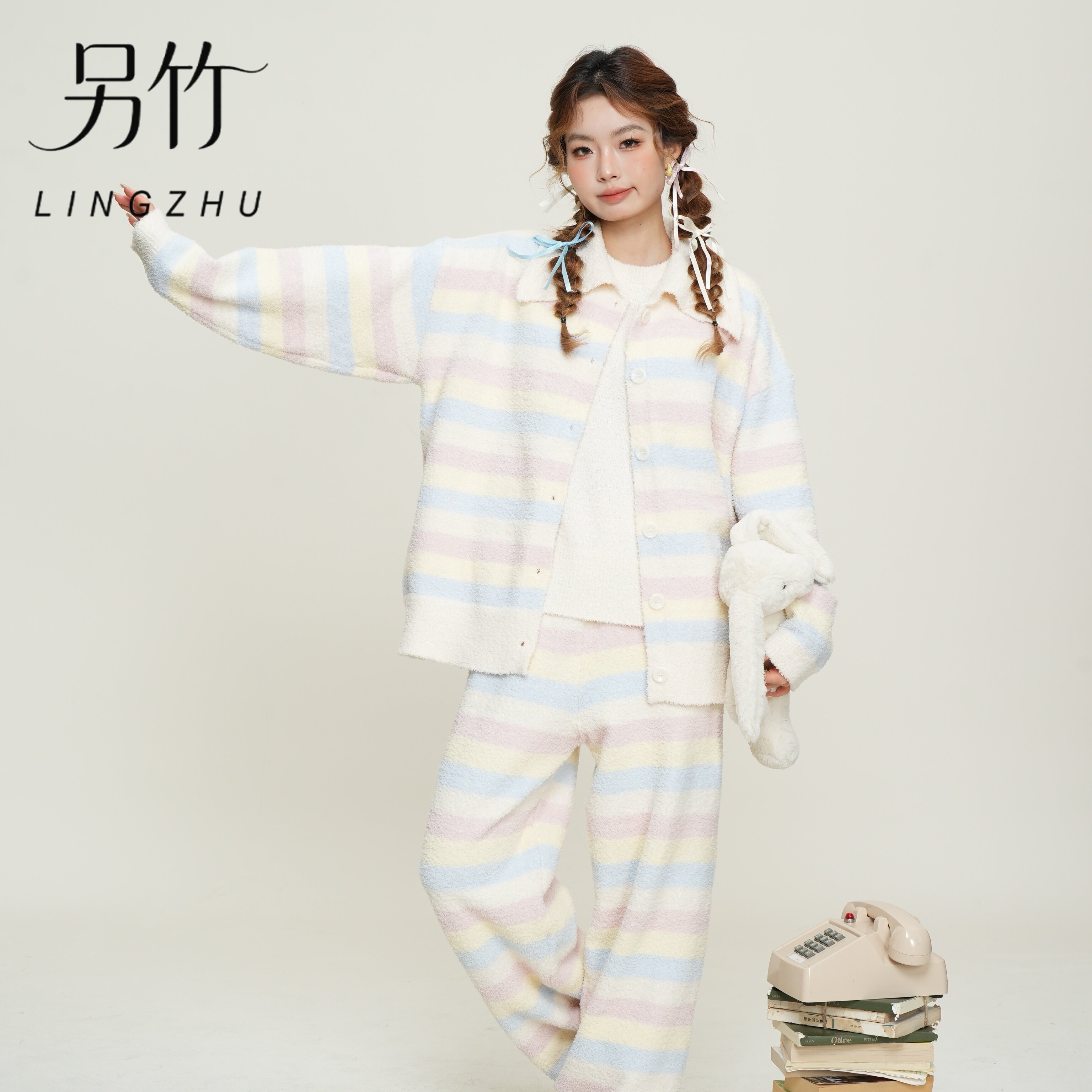 另竹女秋冬保暖半边绒睡衣套装