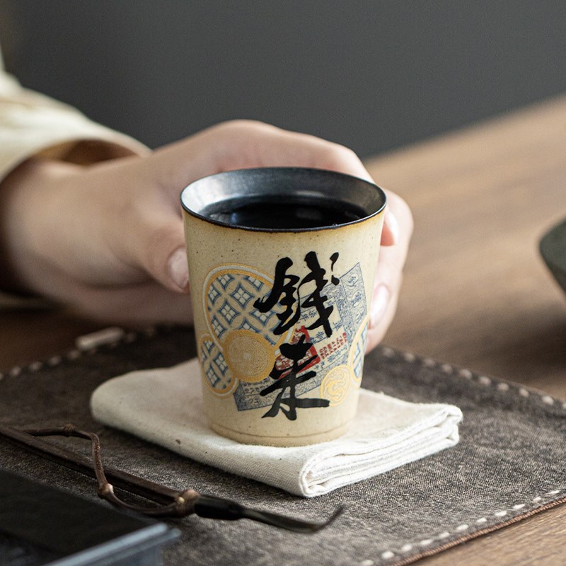 粉引钱龙个人杯复古粗陶茶道书法主人杯功夫茶具禅意直口茶杯茶盏