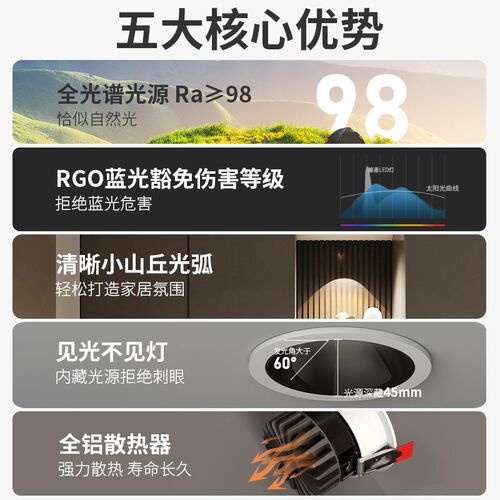 全光谱小山丘射灯无边框led嵌入式客厅吊顶无主灯隐形预埋筒灯7.5