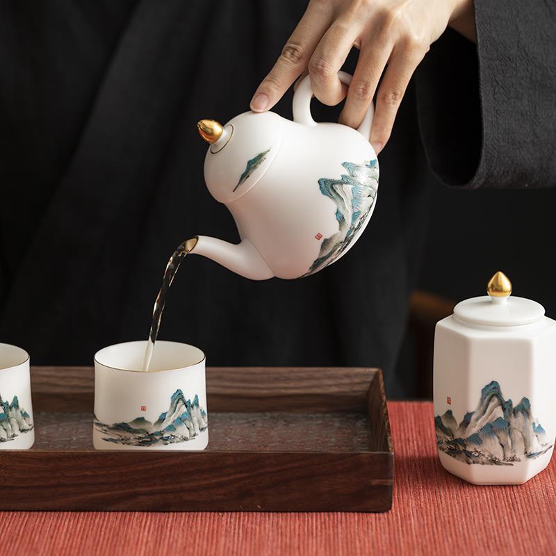 唐舍 千里江山功夫茶具套装玻璃茶盘白瓷高档办公家用礼品泡茶壶