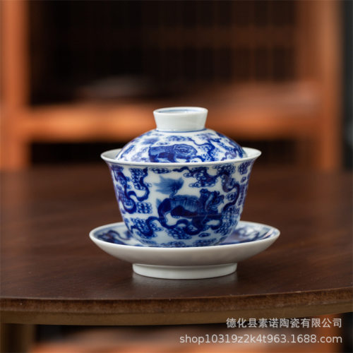 青花瓷仿古手工大号盖碗壶承