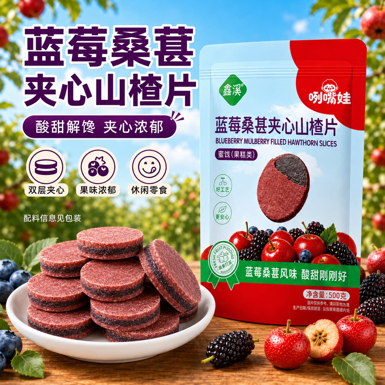 鑫溪蓝莓桑葚夹心山楂片500g袋装蜜饯果糕类即食零食