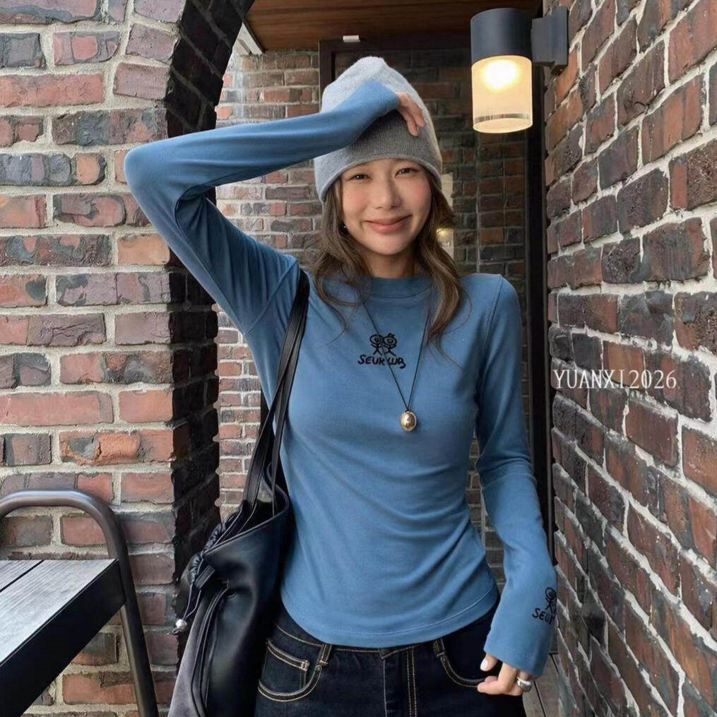 元熙-2026秋冬时尚简约风火柴人刺绣百搭修身圆领长袖T恤女268596
