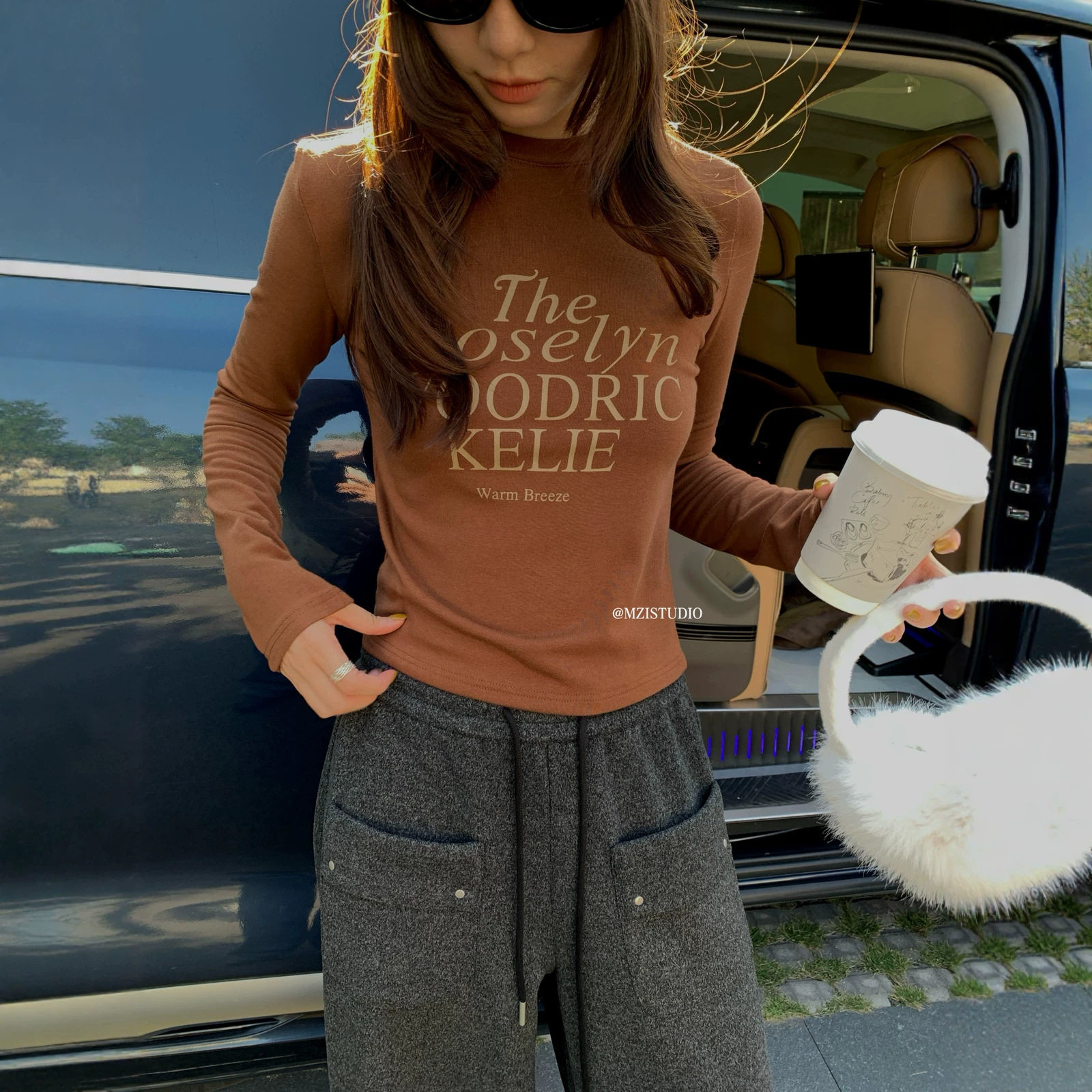 MZI STUDIO秋冬韩版字母印花磨毛修身显瘦套头圆领长袖T恤女13685