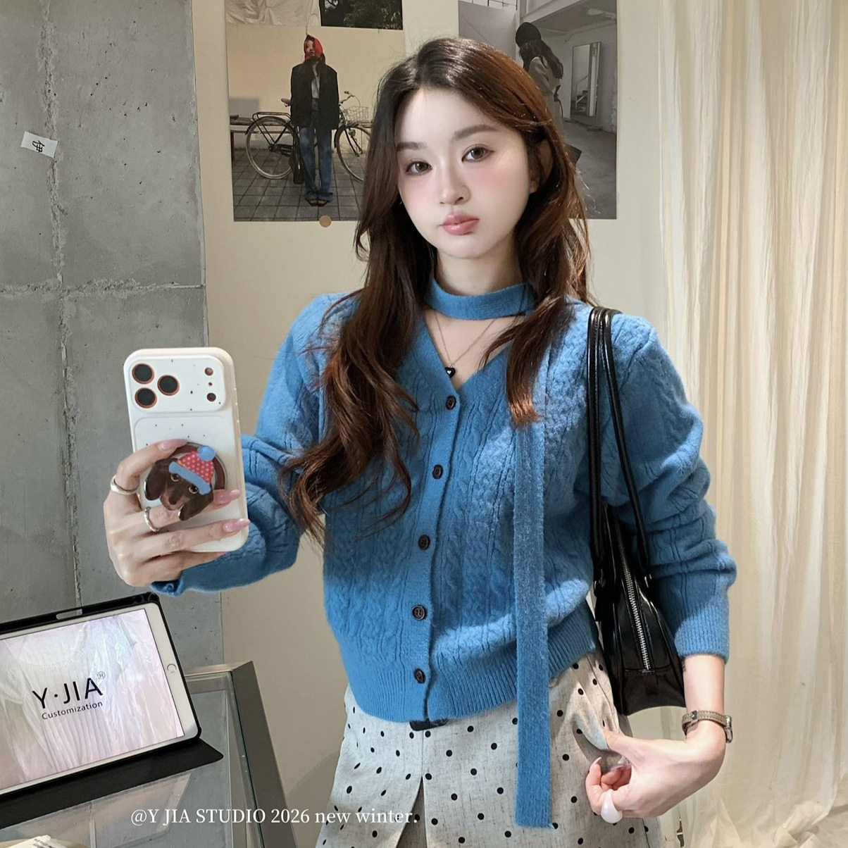 Y.JIA伊嘉秋冬韩系法式温柔风肌理感飘带拼接V领长袖针织开衫825