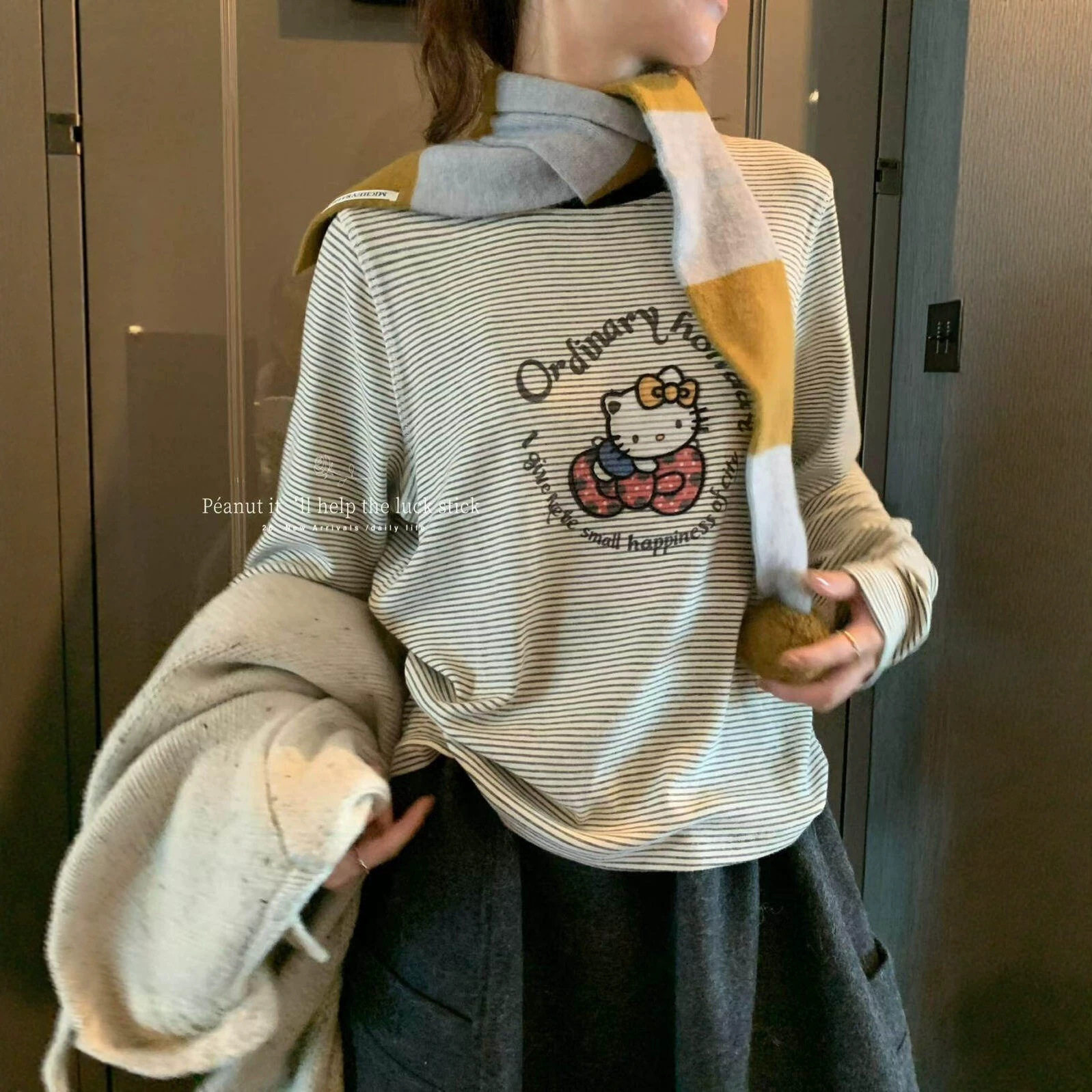 peanut花生家秋冬韩系动漫卡通印花条纹百搭撞色圆领长袖T恤12560