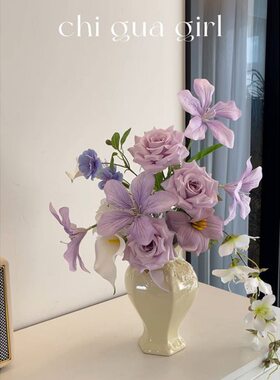 风成品花束客厅拍照道具浮雕陶瓷花瓶摆件感奶油法式复古高级插花