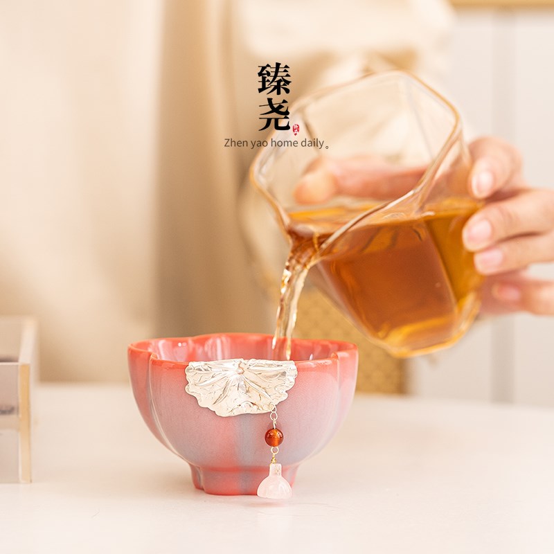 钧窑陶瓷主人杯镶银流苏喝茶杯中式功夫茶具单杯品茗杯大容量茶盏