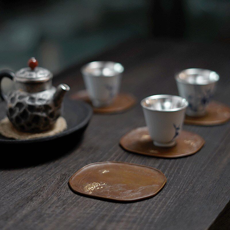 紫铜镶银手工杯垫茶具套装 功夫茶隔热垫中式茶道配件杯托