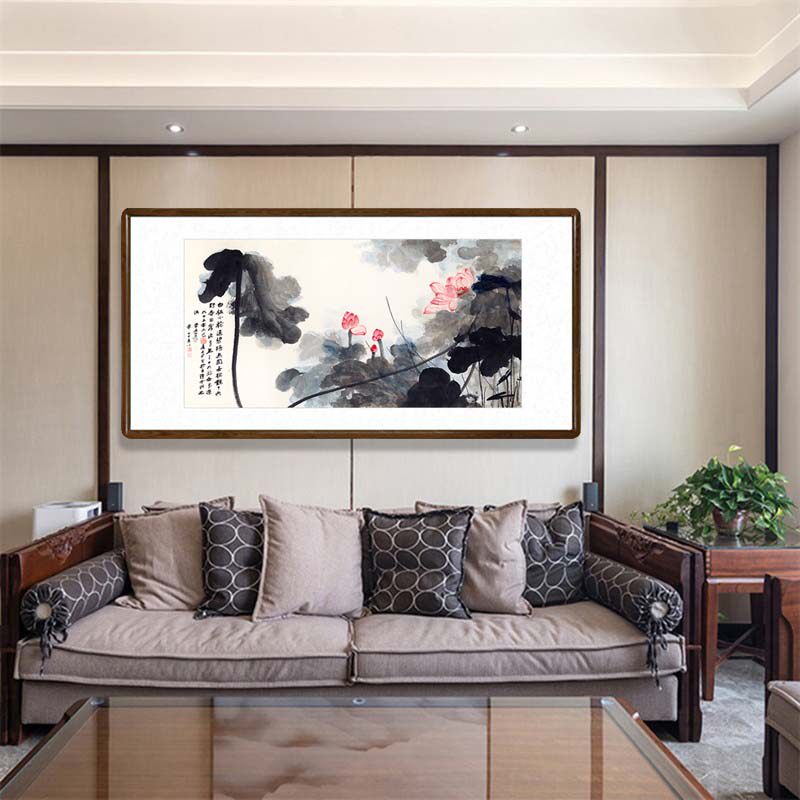 张大千字画荷花写意水墨国画新中式客厅背景墙装饰画茶室餐厅挂画
