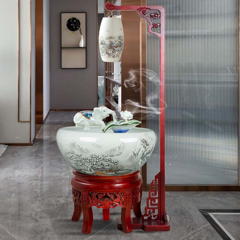 景德镇手工陶瓷鱼缸循环喷水过滤加氧客厅加用睡莲乌龟缸酒店摆件