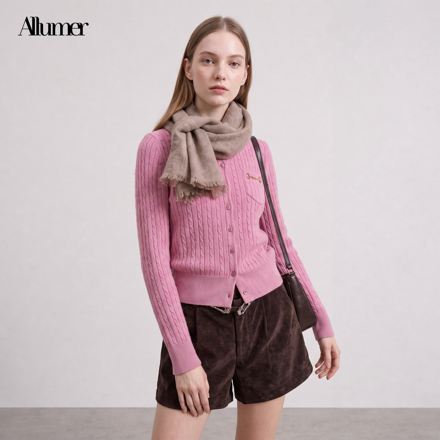 ALLUMER秋季学院风麻花针织开衫女单排扣毛衣百搭休闲外套-23137