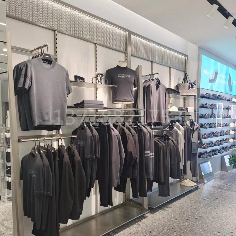 不锈钢男装店展示架带灯上墙衣架靠墙陈列架自由组合双层展柜落地图片
