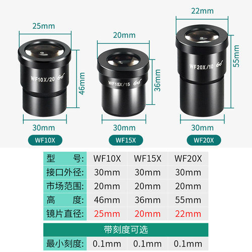 GAOPIN体视显微镜双目镜头广角目镜配件眼罩WF10X/20X测微尺带刻