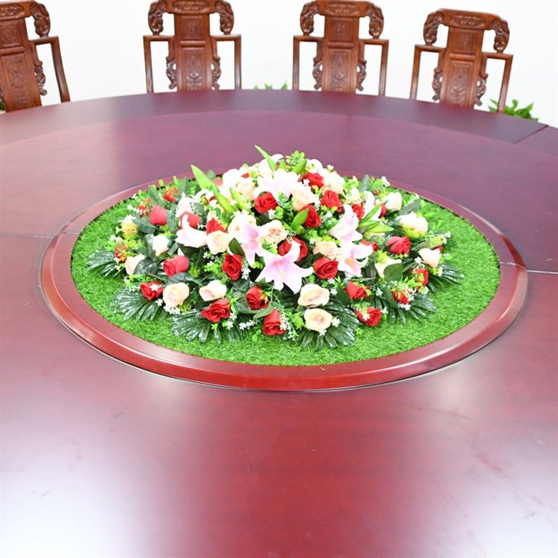 酒店圆形餐桌花电动转盘装饰花大圆桌草坪垫假花摆件餐厅摆放花艺