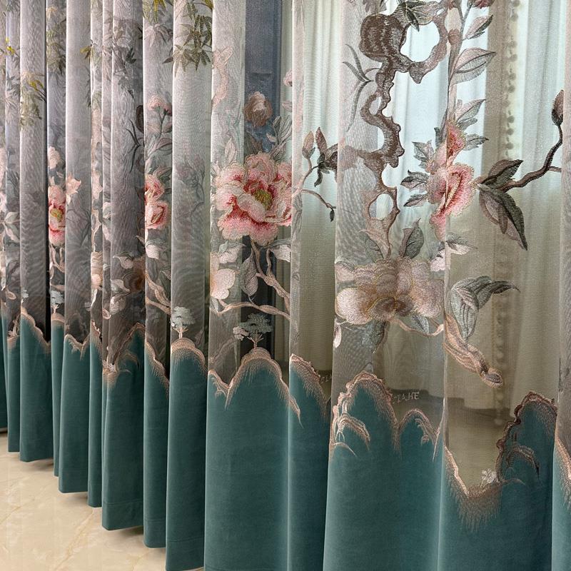 新中式客厅绣花纱帘隔断富贵竹窗纱窗帘遮光绒布卧室餐厅阳台定制
